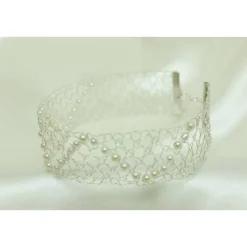 Zarter Brautschmuck - Perlenchoker geklöppelt aus kräftigem Silberdraht mit 36 eingearbeiteten Wachsperlen