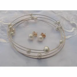 Zartes Schmuckset 3-teilig Brautschmuck, Hochzeitsschmuck 3-reih.Kette, Spiralarmreif ,Ohrstecker