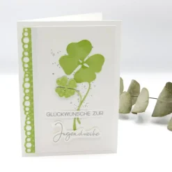 Zauberhafte Jugendweihekarte mit Glücksklee, Glückwunschkarte zur Jugendweihe