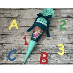 zauberhafte Schultüte / Zuckertüte 70cm aus Stoff mit Fee / Elfe und Pusteblumen Mint/petrol