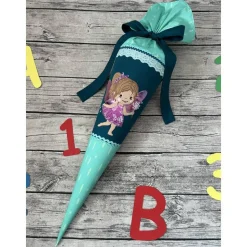 zauberhafte Schultüte / Zuckertüte 70cm aus Stoff mit Fee / Elfe und Pusteblumen Mint/petrol
