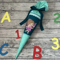 zauberhafte Schultüte / Zuckertüte 70cm aus Stoff mit Fee / Elfe und Pusteblumen Mint/petrol