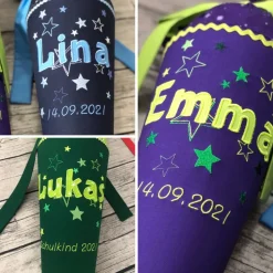 zauberhafte Schultüte mit Name und Sternen nach Wunsch mit passend gedrucktem Stoff