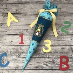 zauberhafte Schultüte Zuckertüte aus Stoff in Türkis & Petrol mit Frosch Prinz und Gold & Glitzer