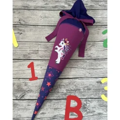 zauberhafte Schultüte Zuckertüte 70cm mit Pegasus Einhorn Sterne Beere Lila