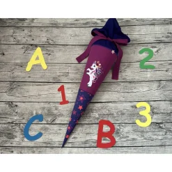 zauberhafte Schultüte Zuckertüte 70cm mit Pegasus Einhorn Sterne Beere Lila