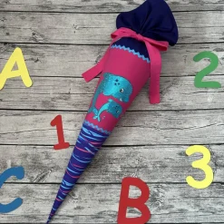 zauberhafte Schultüte Zuckertüte 70cm mit Delfin Wellen in Pink Türkis Lila