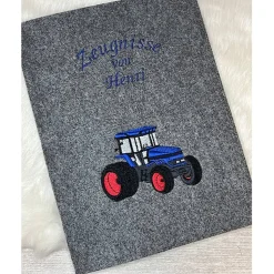 Zeugnis, Zeugnismappe, Zeugnishülle, Zeugnisse, gestickt, Traktor, Filz, Junge, Mädchen, personalisierbar, mit Namen,