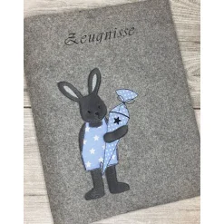 Zeugnis, Zeugnismappe, Zeugnishülle, Zeugnisse, gestickt, Filz, Hase, Schultüte, Junge, Mädchen, personalisierbar, mit N