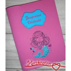Zeugnis, Zeugnismappe, Zeugnishülle, Zeugnisse, gestickt, Filz, Meerjungfrau, Fisch, Mädchen, personalisierbar, mit Name