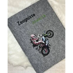 Zeugnis, Zeugnismappe, Zeugnishülle, Zeugnisse, gestickt, Motocross, Filz, Junge, Mädchen, personalisierbar