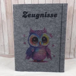 Zeugnismappe aus Filz | Zeugnishülle Eule dunkelgrau | Organizer Schule