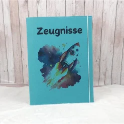 Zeugnismappe aus Filz | Zeugnishülle Rakete türkis | Organizer Schule