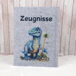 Zeugnismappe aus Filz | Zeugnishülle T-Rex hellgrau | Organizer Schule