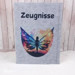 Zeugnismappe aus Filz | Zeugnishülle Schmetterling hellgrau | Organizer Schule