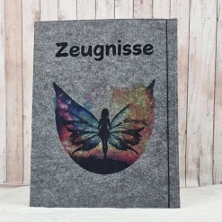 Zeugnismappe aus Filz | Zeugnishülle Schmetterling dunkelgrau | Organizer Schule