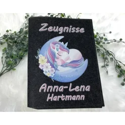 Zeugnismappe mit Namen aus Filz (A4) incl.zeugniss Hefter Einschulung Geschenk Zeugnis mappe personalisiert Einhorn