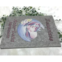 Zeugnismappe mit Namen aus Filz (A4) incl.zeugniss Hefter Einschulung Geschenk Zeugnis mappe personalisiert Einhorn