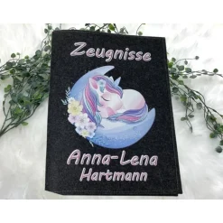 Zeugnismappe mit Namen aus Filz (A4) incl.zeugniss Hefter Einschulung Geschenk Zeugnis mappe personalisiert Einhorn