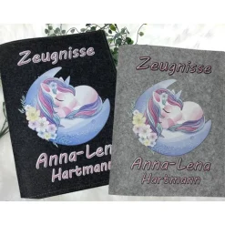 Zeugnismappe mit Namen aus Filz (A4) incl.zeugniss Hefter Einschulung Geschenk Zeugnis mappe personalisiert Einhorn