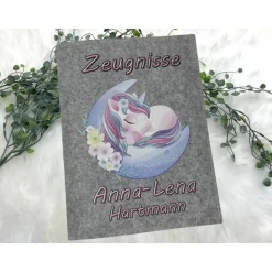 Zeugnismappe mit Namen aus Filz (A4) incl.zeugniss Hefter Einschulung Geschenk Zeugnis mappe personalisiert Einhorn