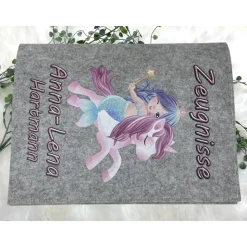 Zeugnismappe mit Namen aus Filz (A4) incl.zeugniss Hefter Einschulung Geschenk Zeugnis mappe personalisiert Einhorn Meer