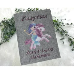 Zeugnismappe mit Namen aus Filz (A4) incl.zeugniss Hefter Einschulung Geschenk Zeugnis mappe personalisiert Einhorn Meer