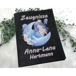 Zeugnismappe mit Namen aus Filz (A4) incl.zeugniss Hefter Einschulung Geschenk Zeugnis mappe personalisiert Meerjungfrau