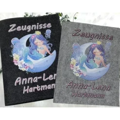 Zeugnismappe mit Namen aus Filz (A4) incl.zeugniss Hefter Einschulung Geschenk Zeugnis mappe personalisiert Meerjungfrau