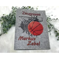 Zeugnismappe mit Namen aus Filz (A4) incl.zeugniss Hefter Geschenk Einschulung Zeugnis mappe personalisiert Basketball