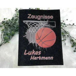 Zeugnismappe mit Namen aus Filz (A4) incl.zeugniss Hefter Geschenk Einschulung Zeugnis mappe personalisiert Basketball