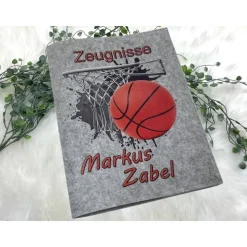 Zeugnismappe mit Namen aus Filz (A4) incl.zeugniss Hefter Geschenk Einschulung Zeugnis mappe personalisiert Basketball