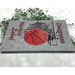 Zeugnismappe mit Namen aus Filz (A4) incl.zeugniss Hefter Geschenk Einschulung Zeugnis mappe personalisiert Basketball
