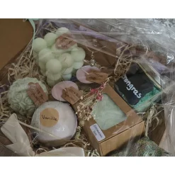 Zitronengras&Vanille Geschenkset – Handgemachte Zitronengrasseife, Badesalz, Vanille-Badekugel, Kerzen, Duftteelicht