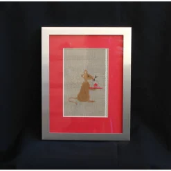 Zuckersüße Weihnachtsmaus mit roten Passepartout und Alu-Rahmen   auf Leinen gestickt