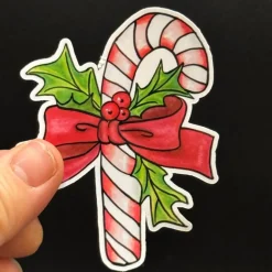 Zuckerstange mit Stechpalme Vinylsticker – weißer Weihnachtsaufkleber | handgemacht