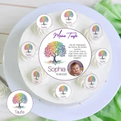 Zur Taufe Tortenaufleger aus Esspapier mit 12 Muffins Lebensbaum Tortendeko Photo Tortenbild Name Datum und Vers