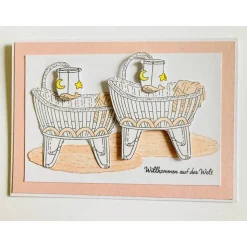 Zwillinge Glückwunschkarte Geburt Taufe Babyparty Karte Mädchen Babywiege Handarbeit A6